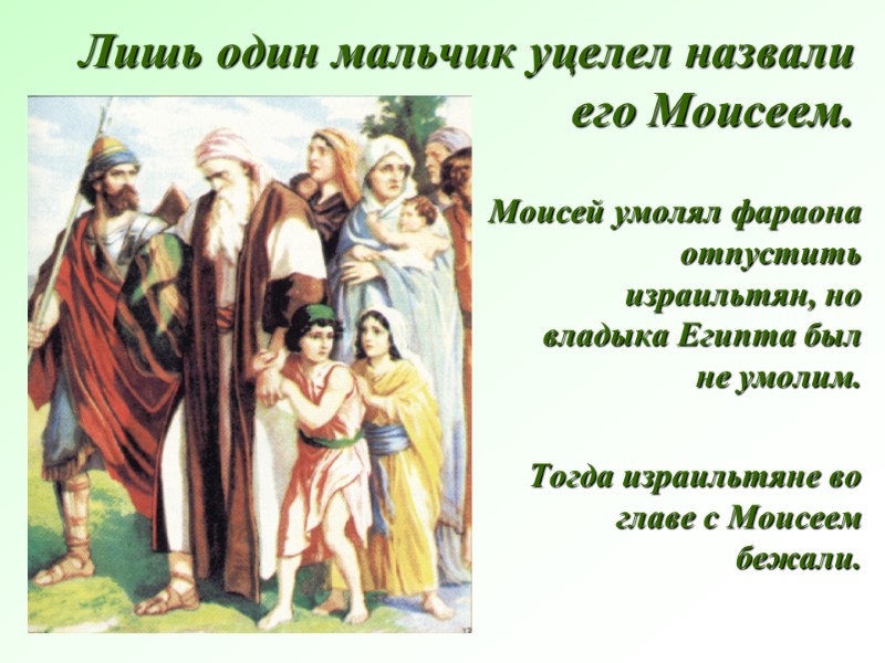 Лишь один мальчик уцелел назвали его Моисеем. Моисей умолял фараона отпустить израильтян, но владыка